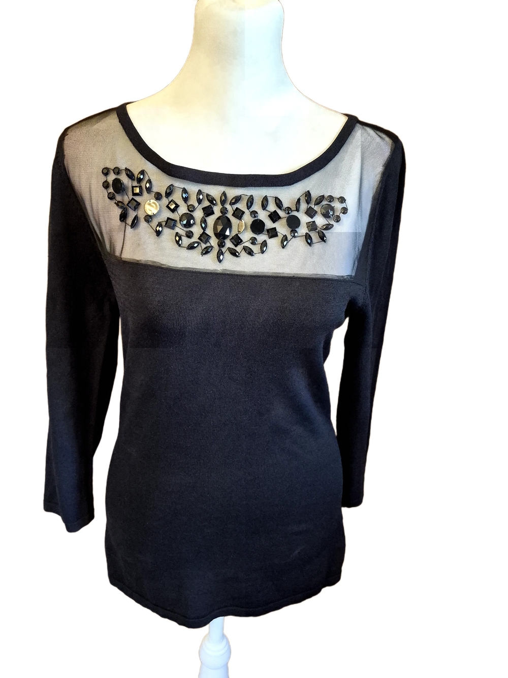 Boston Proper Black Mesh Yoke Long-Sleeve Top with Bead Embellishment